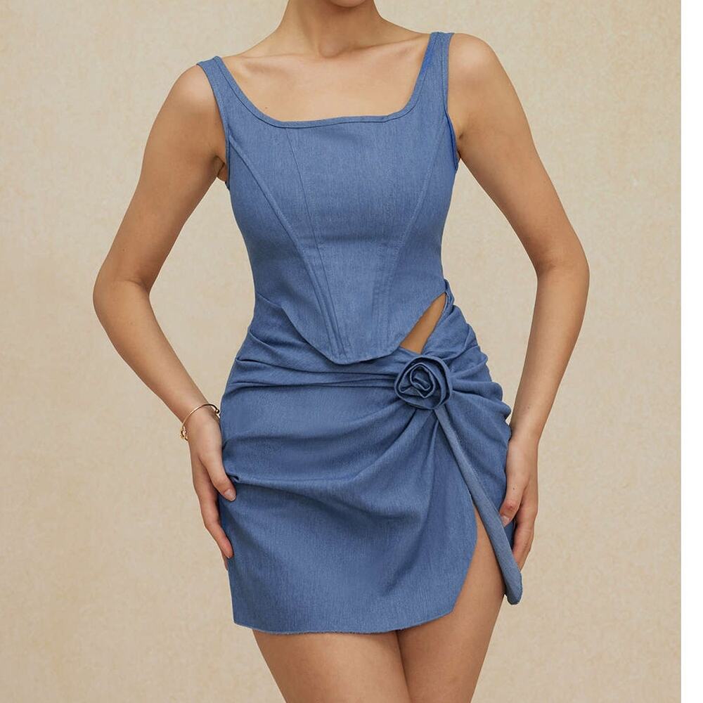 Micas 3D Flower Ruched Girly Tank Mid Wash Mini Denim Dress Medium